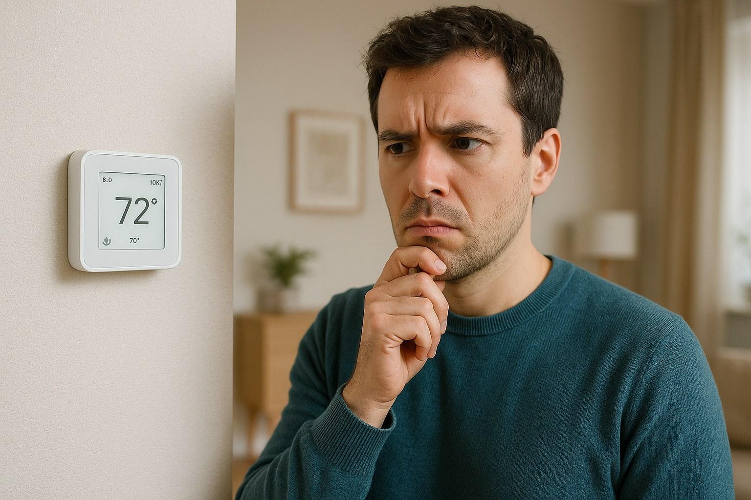 A person examining their thermostat that is causing the HVAC to run constantly.
