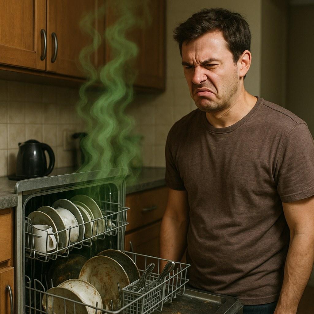A person frowning at the foul odor coming from their open dishwasher