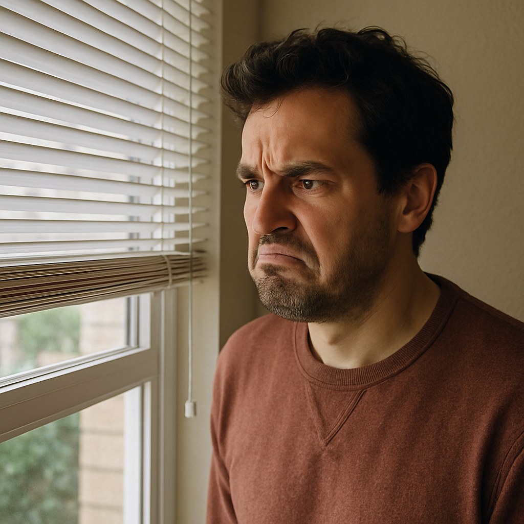 A set of window blinds that have risen halfway up a window on their own.