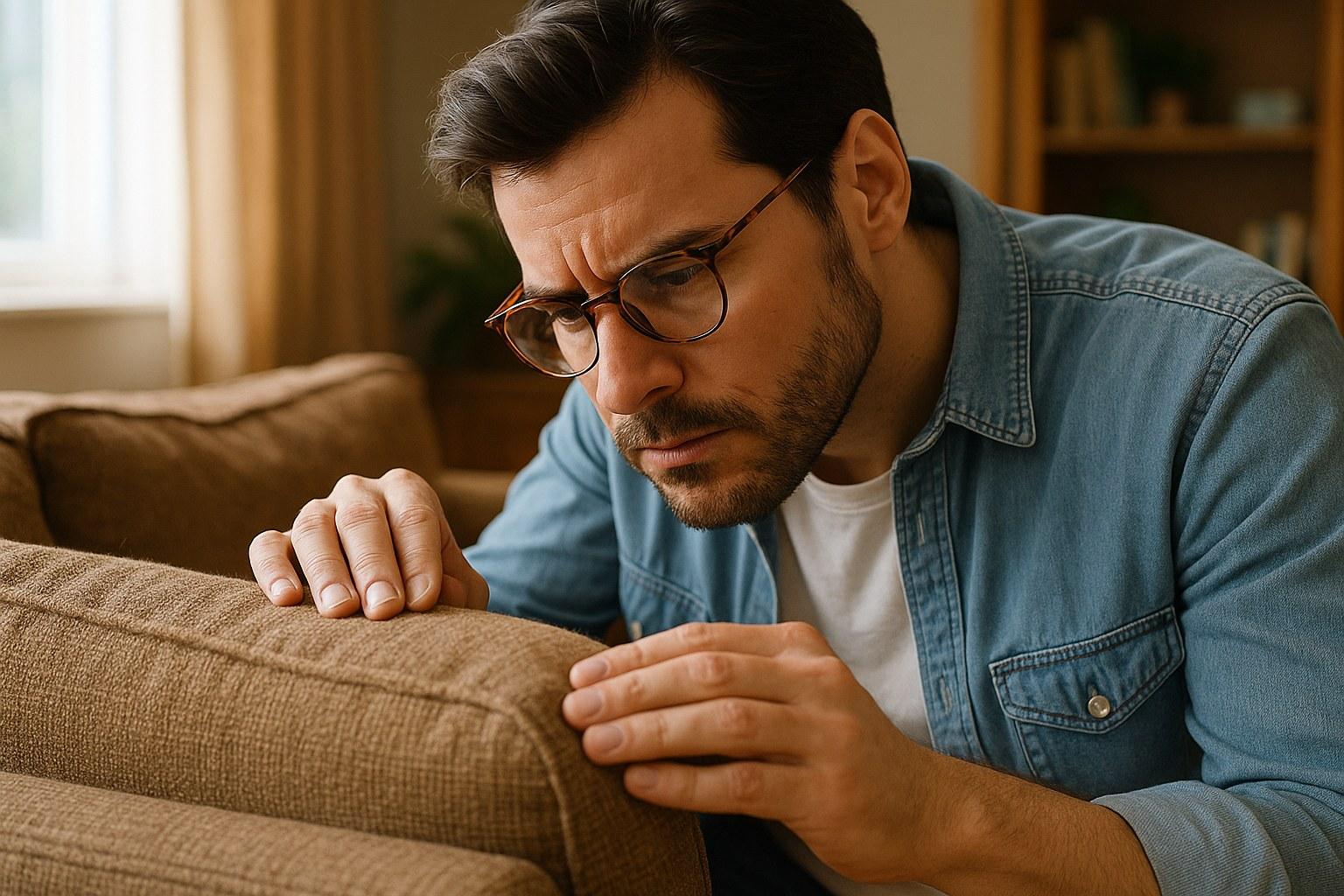 A person trying to identify a bad smell coming from their living room couch