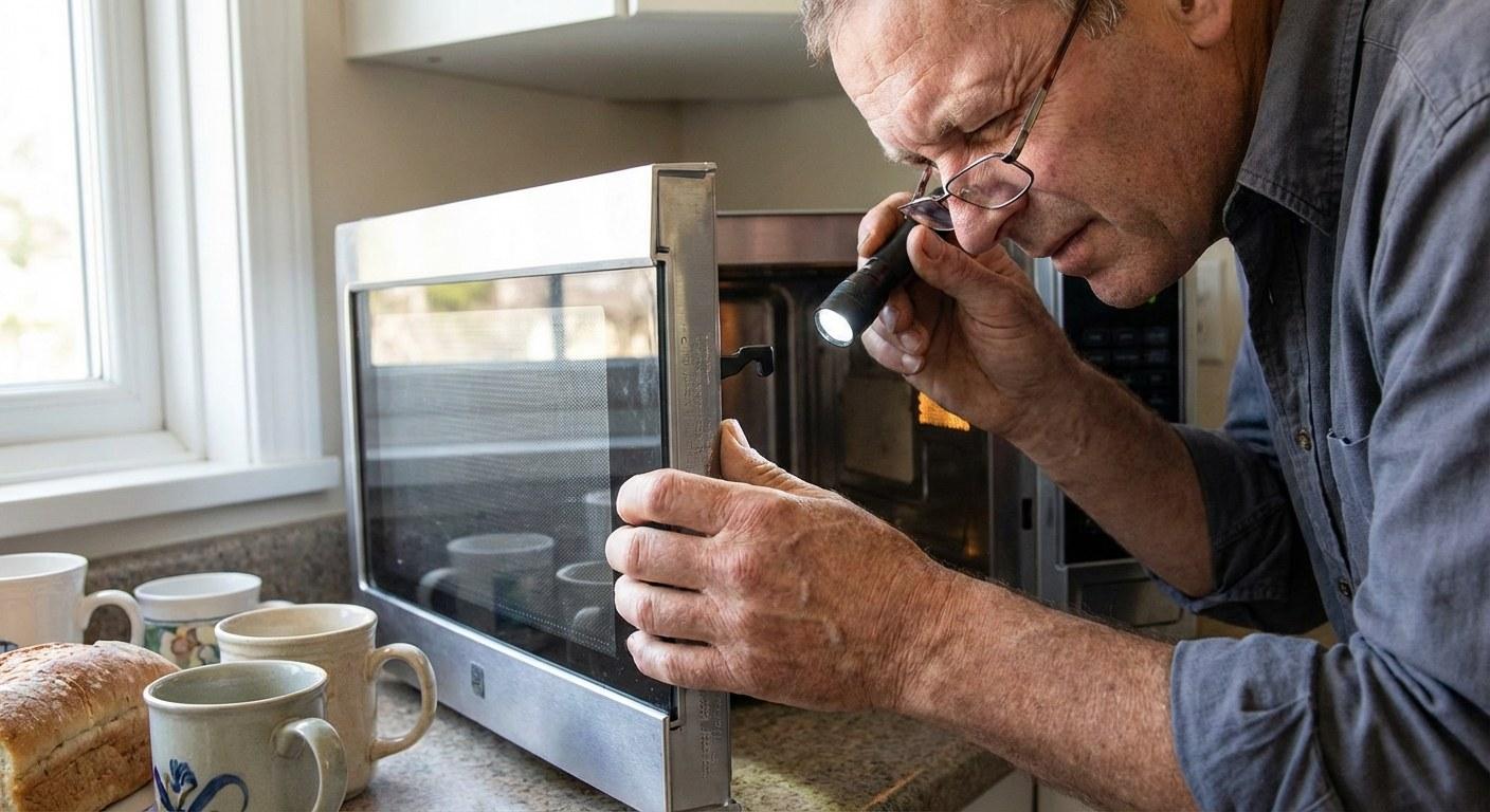 A person inspecting the latch mechanism of a microwave door.