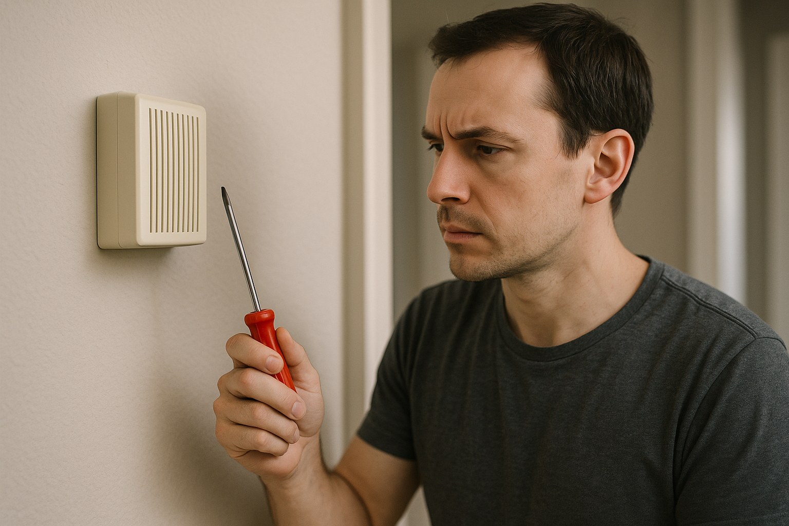 A person preparing to replace a doorbell chime box in their home's hallway.
