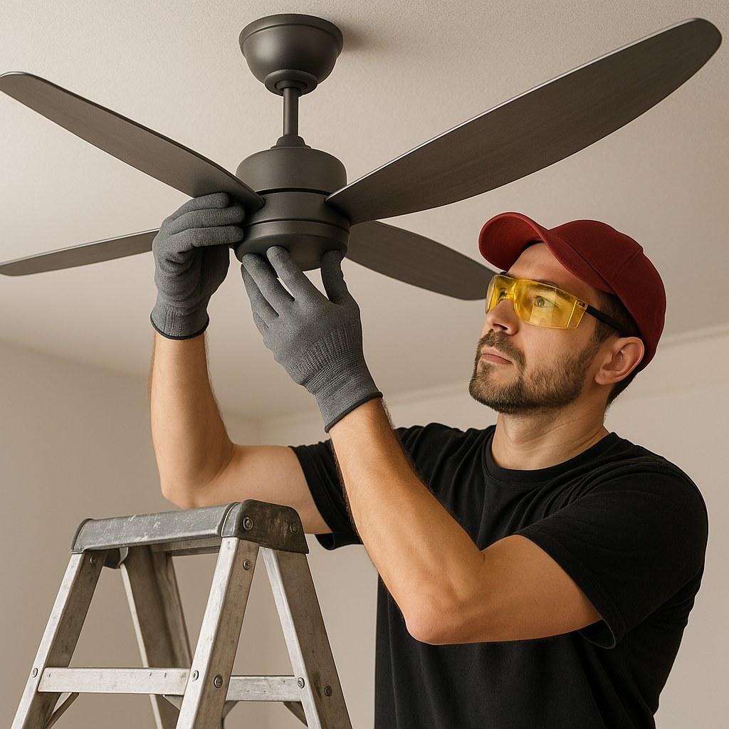 A homeowner carefully installing a new ceiling fan in their living room.
