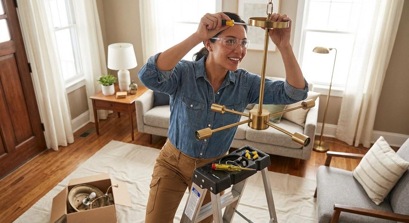 A homeowner carefully connecting the wires of a new ceiling light fixture.