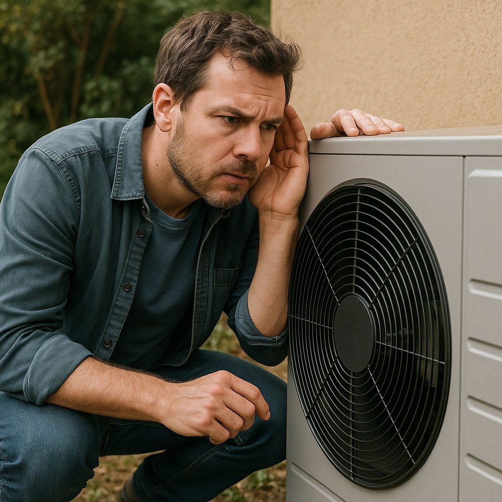 A homeowner troubleshooting a noisy outdoor heat pump unit.
