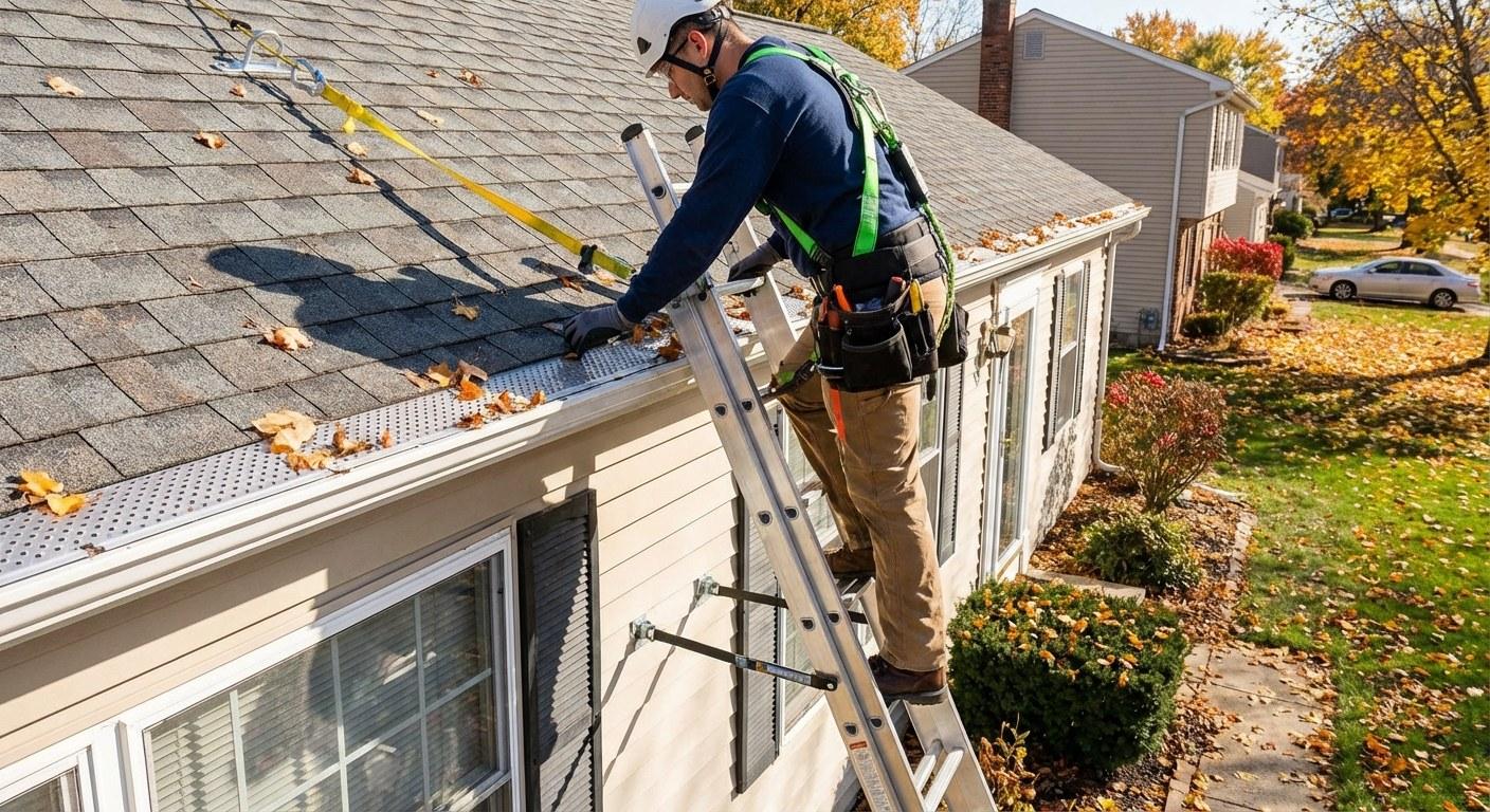 A homeowner on a ladder carefully inspecting a section of their gutter guards.