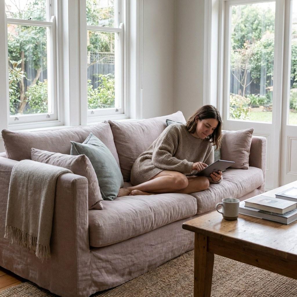 A homeowner sitting calmly in a well lit living room looking at a tablet