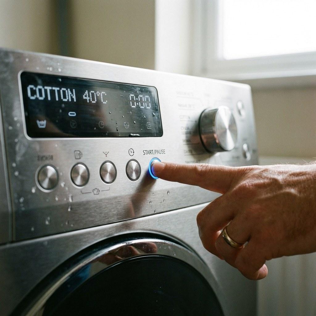 Person pressing buttons on a washing machine control panel