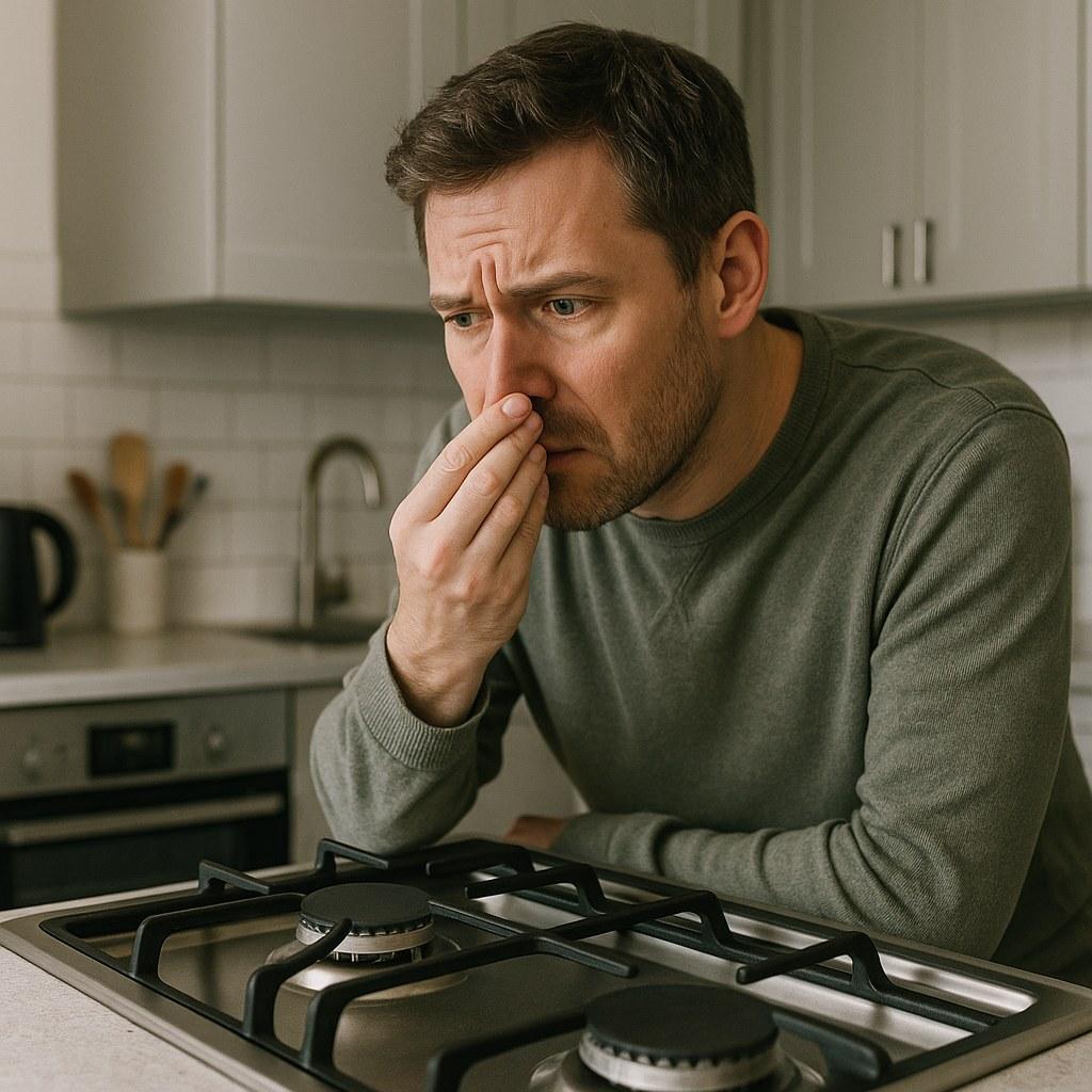 A person trying to identify a strange smell coming from their kitchen stove.
