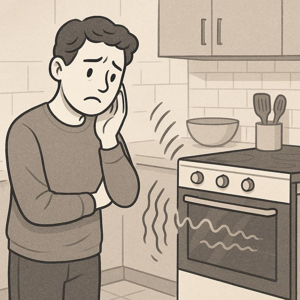 A person looking at a noisy oven in their kitchen.