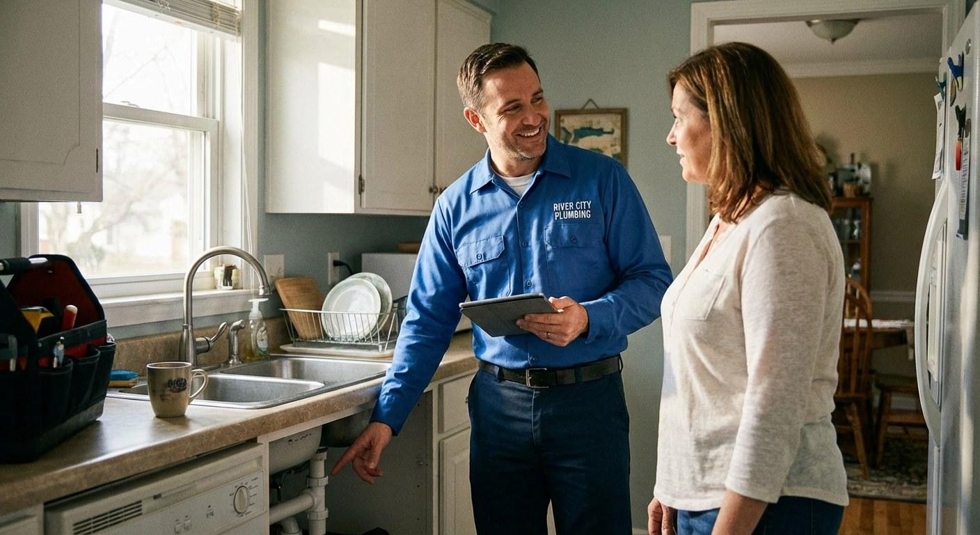 A homeowner listens as a professional plumber explains a potential plumbing issue under a kitchen sink.