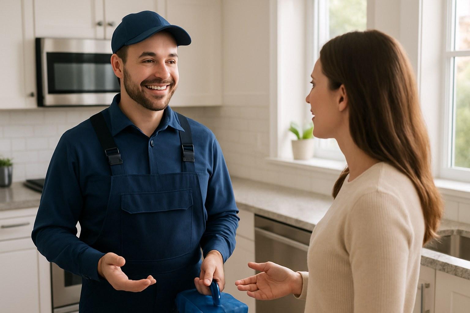 A plumber discussing a repair with a homeowner.
