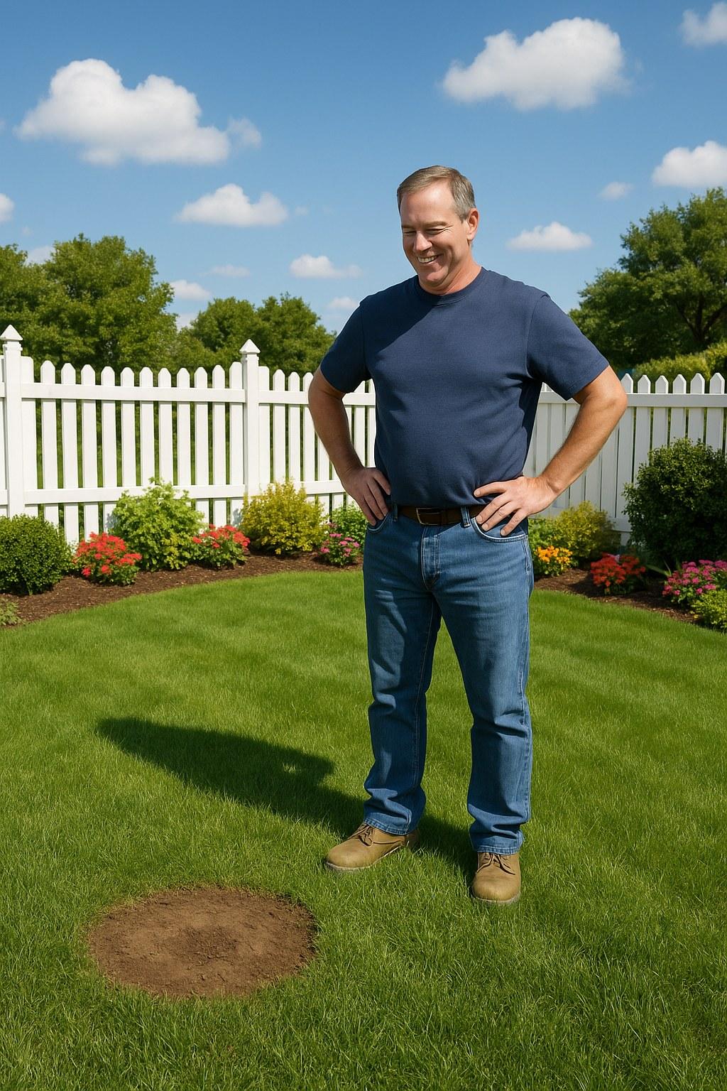 A homeowner standing in their yard after successfully removing a small unwanted tree