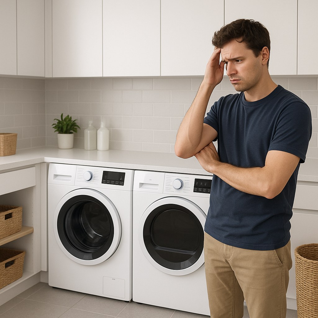 A person looking confused at a silent, non-starting clothes dryer in a laundry room.