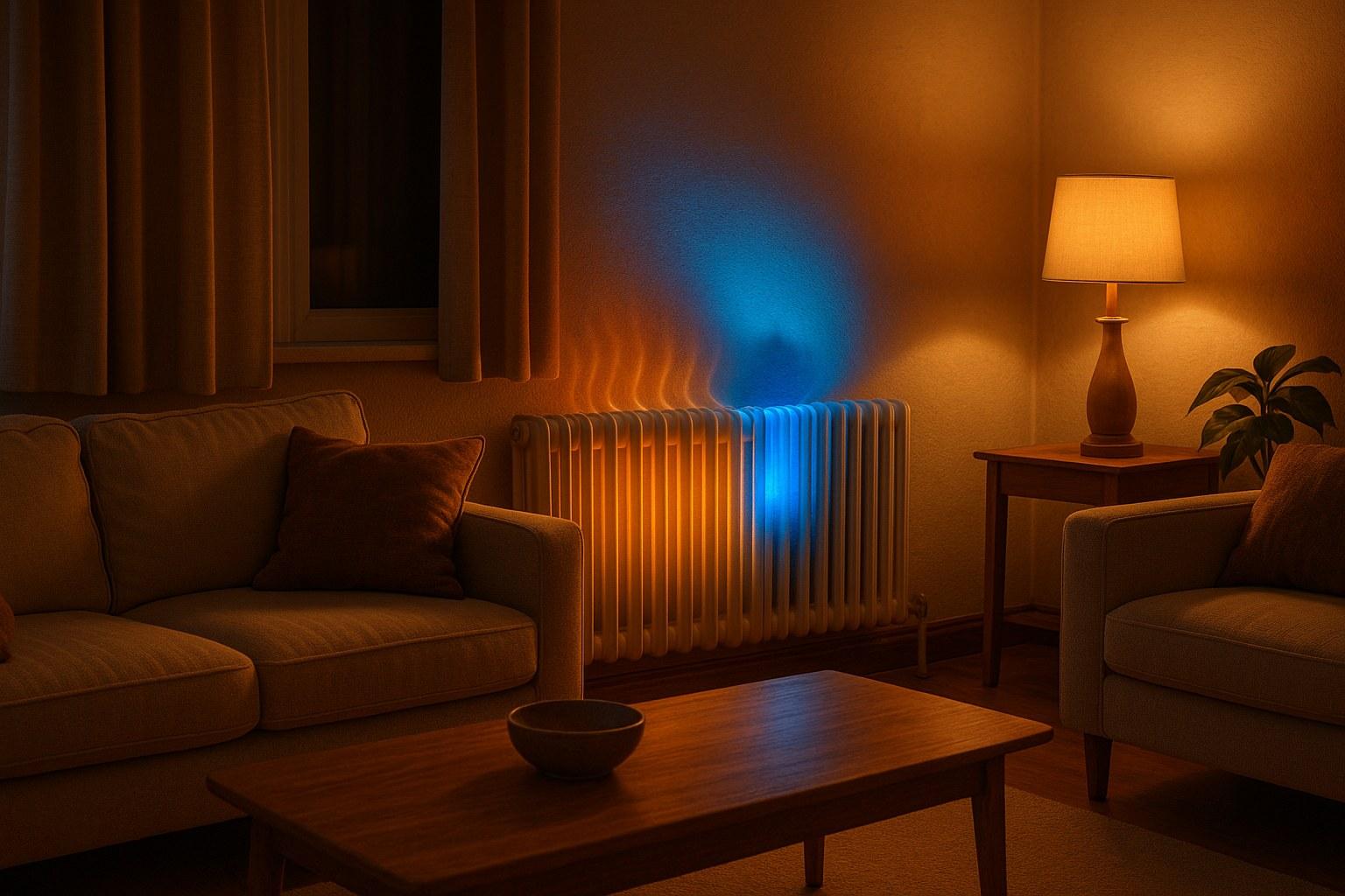 A home radiator that is cold on top and warm on the bottom, indicating a heating problem.
