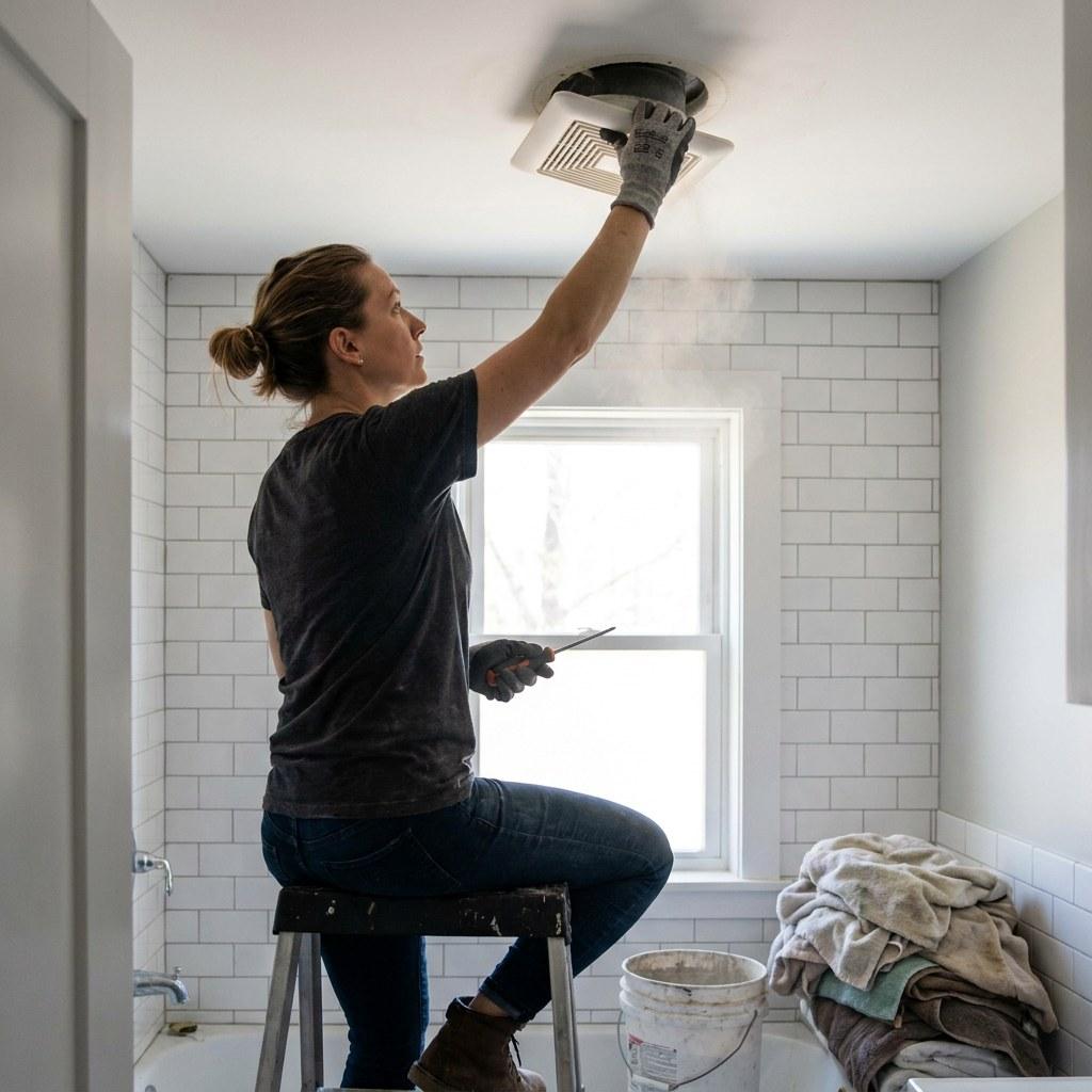 A homeowner carefully pulling down the cover of a ceiling bathroom vent fan to inspect the motor