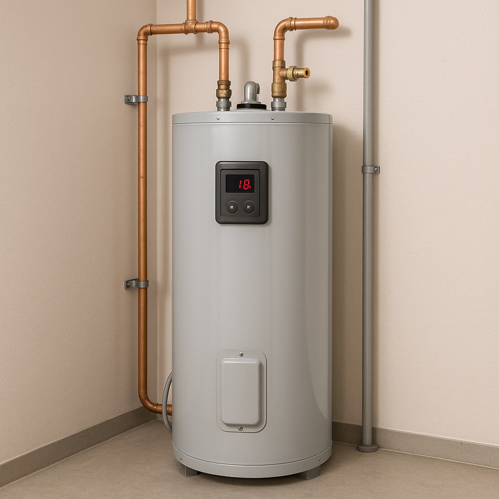 A standard tank-style water heater in a home setting