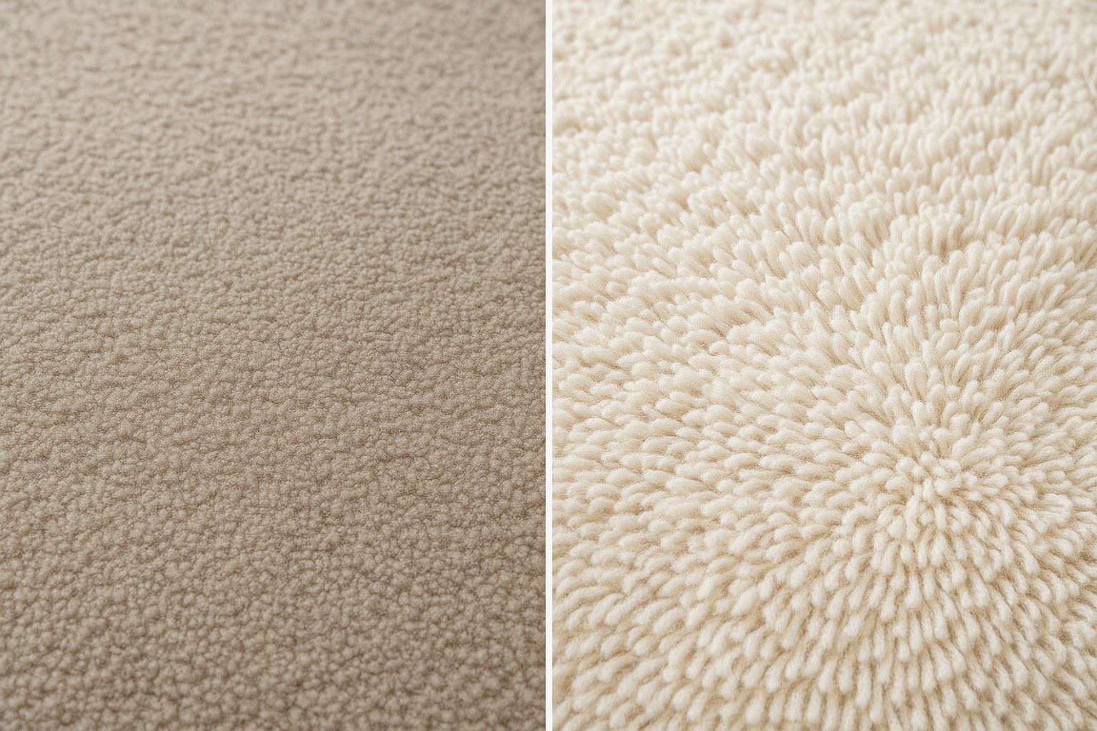A before-and-after view of a carpet that has been revived from a matted state