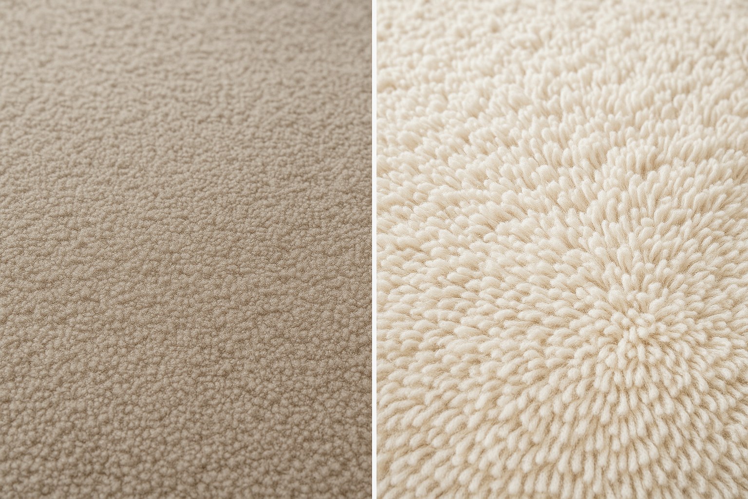 A before-and-after view of a carpet that has been revived from a matted state