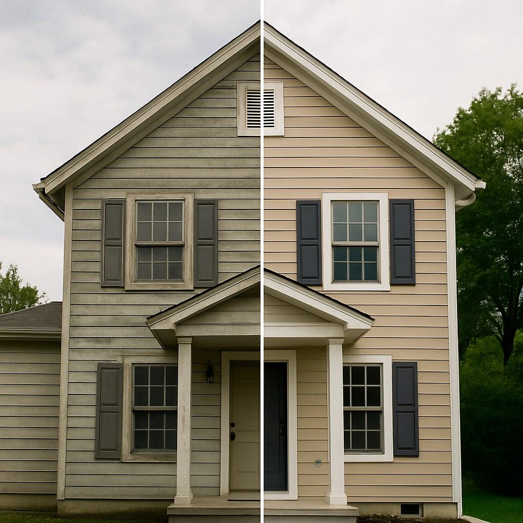 A before and after comparison of faded and restored house siding