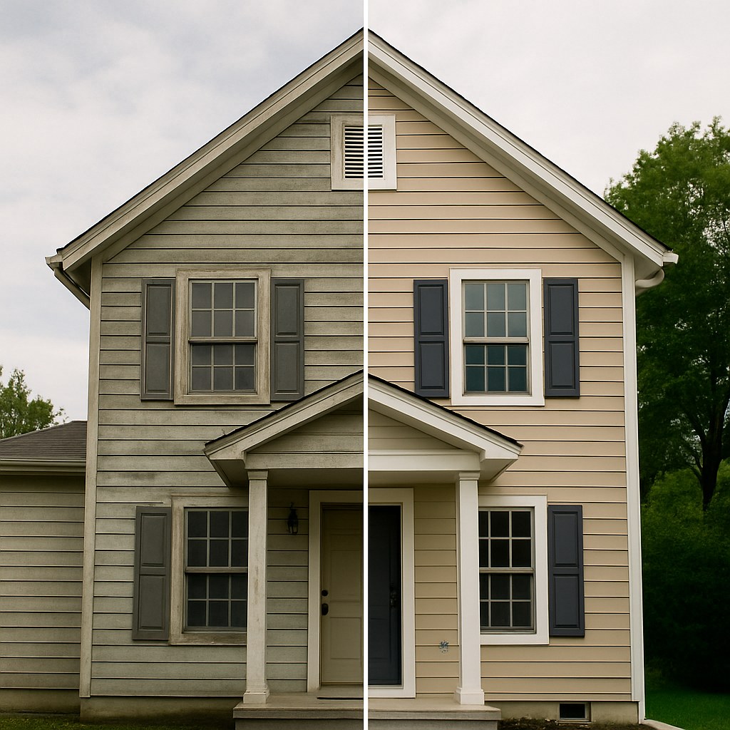 A before and after comparison of faded and restored house siding