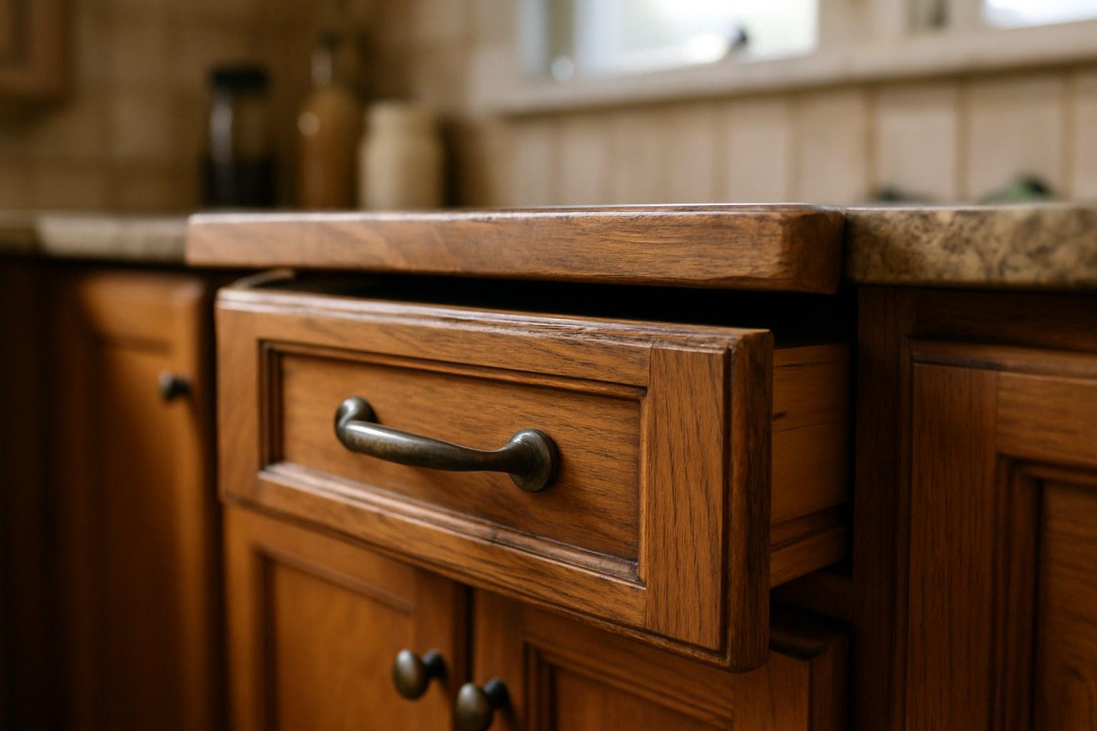 A person trying to open a stuck wooden drawer