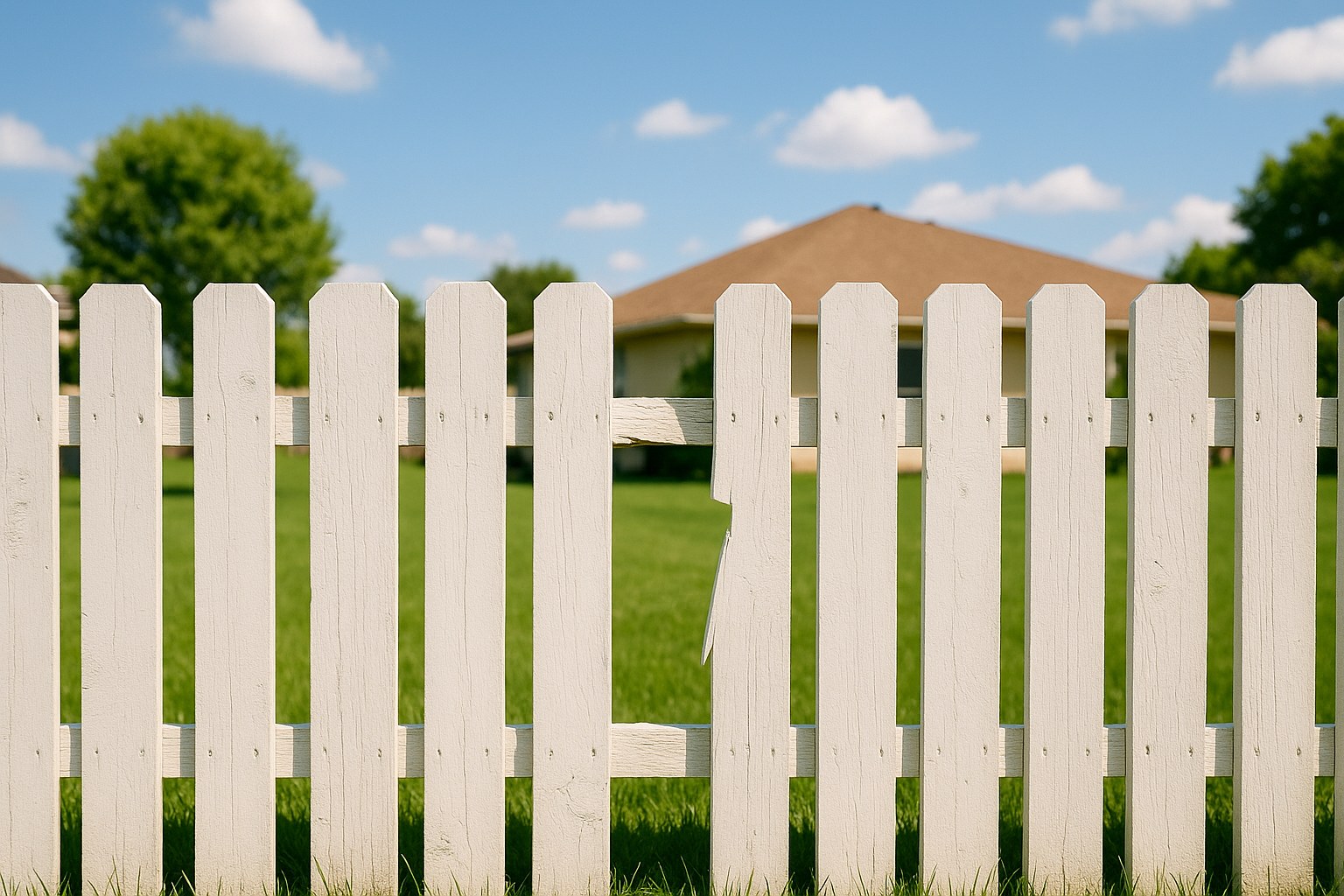 A wooden privacy fence with a single broken picket, creating a noticeable gap.