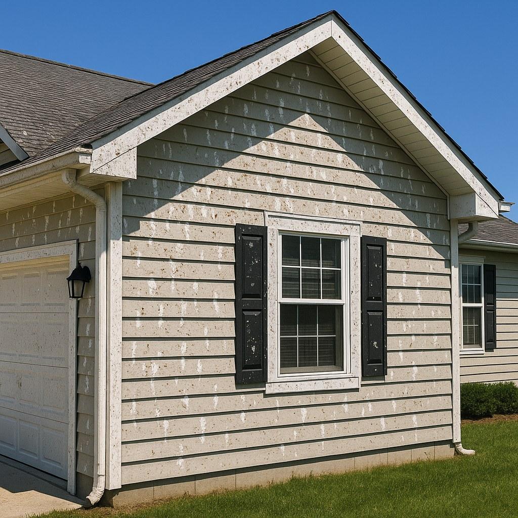 Unsightly bird droppings on the exterior of a home