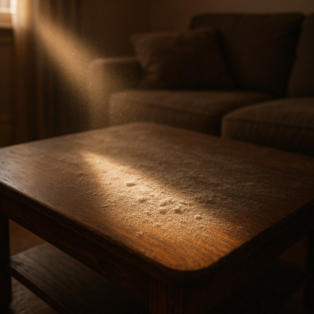 A thick layer of dust visible on a piece of furniture