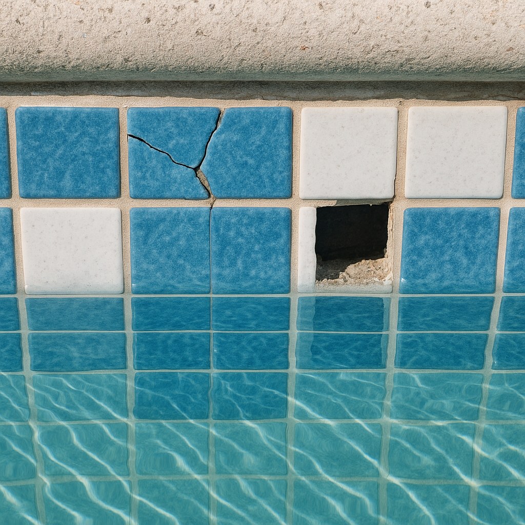 A close-up of a swimming pool's waterline showing one cracked tile and one missing tile.
