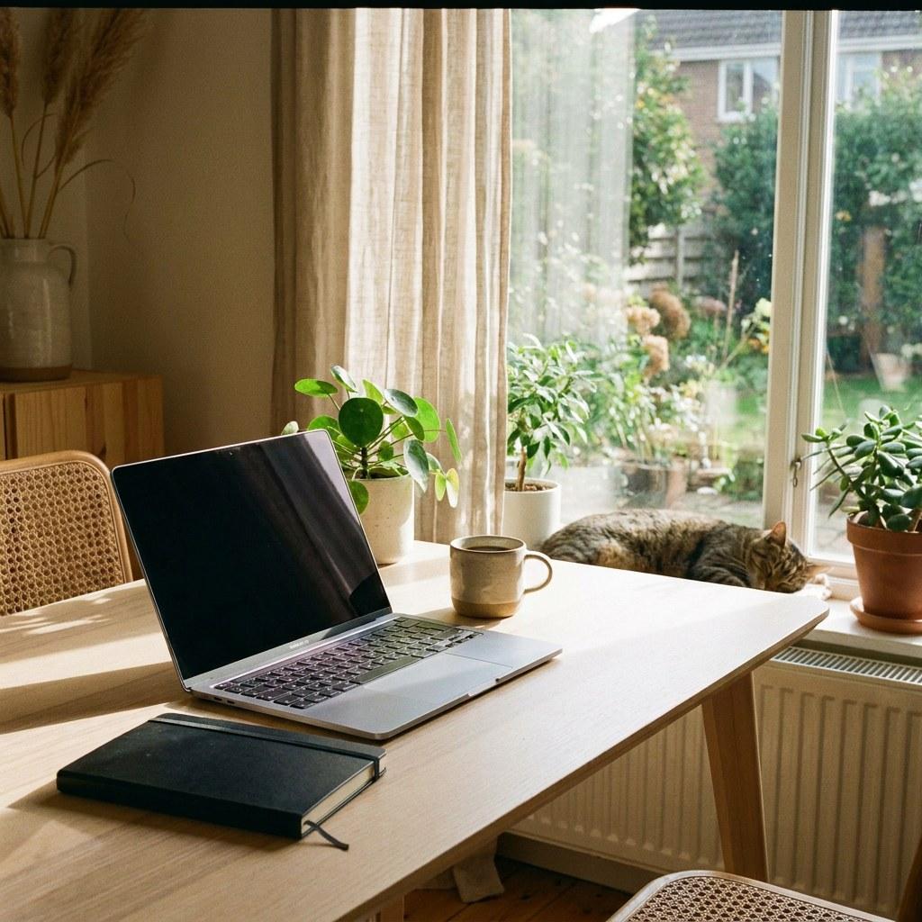 A tidy desk with a laptop, notebook, and coffee cup near a sunny window.