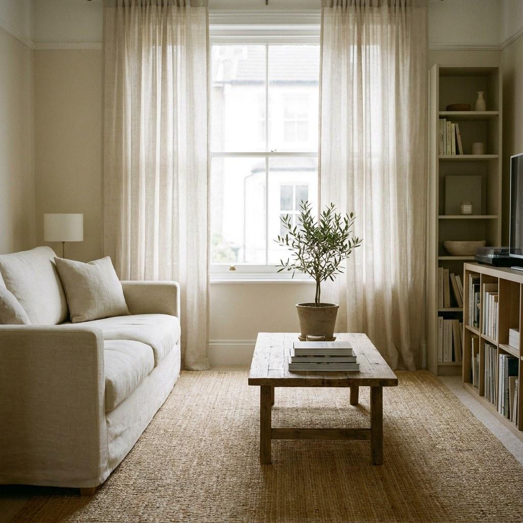 A bright and organized living room in a well managed home