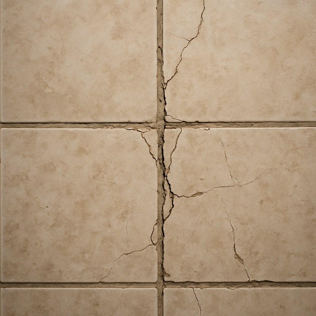 A close-up view of a tile floor showing cracked and missing grout between the tiles.