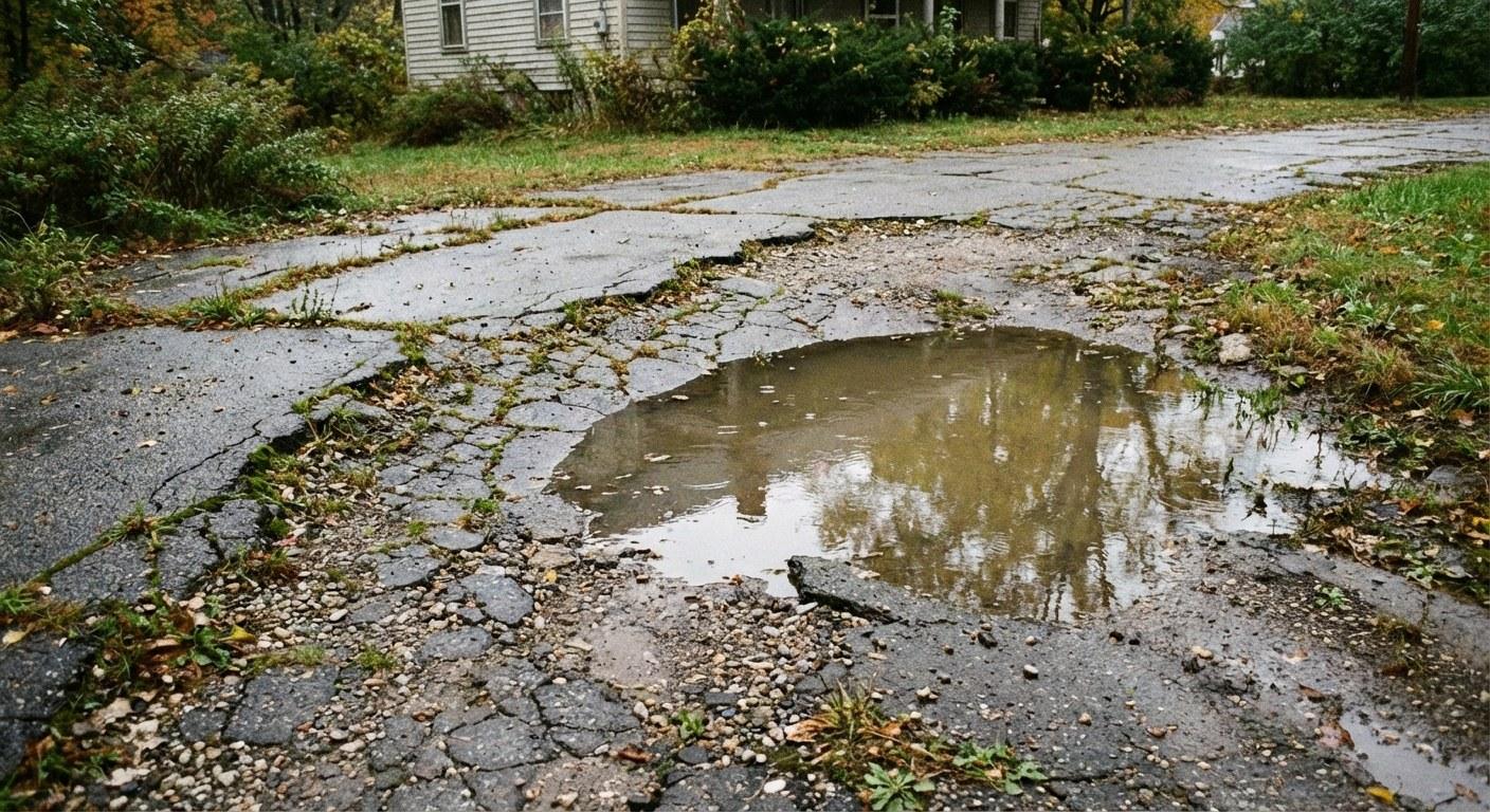 A driveway with a sunken area where water has pooled, showing it is uneven.