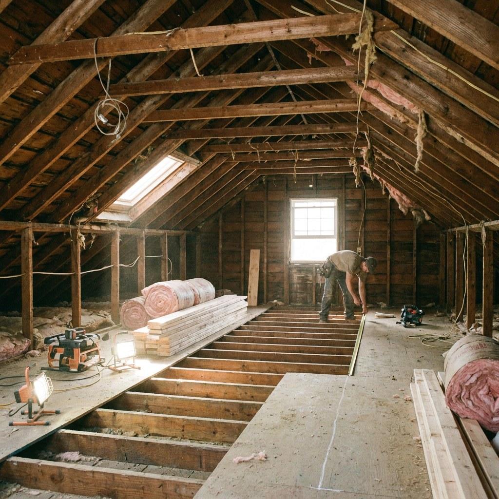 Unfinished attic space with exposed wooden rafters and floor joists