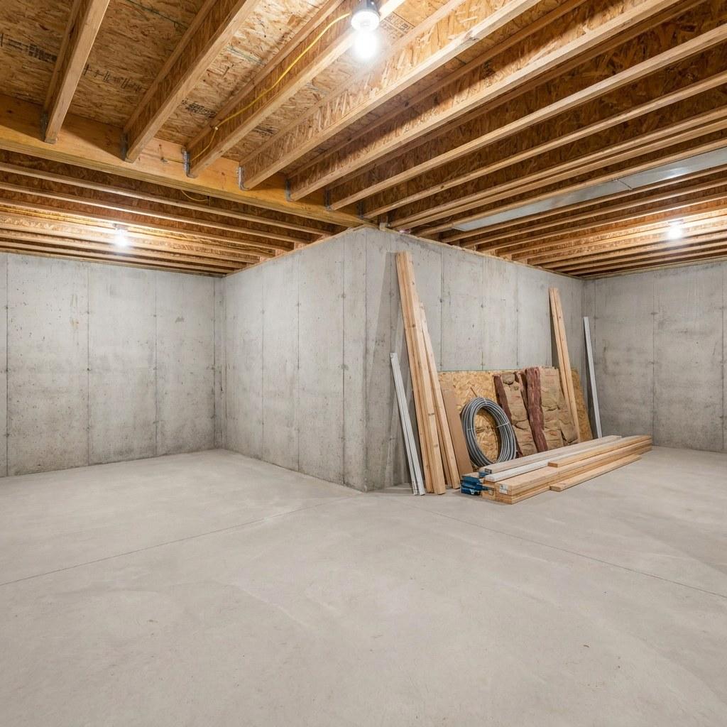 An unfinished basement with framing and concrete floors ready for renovation planning
