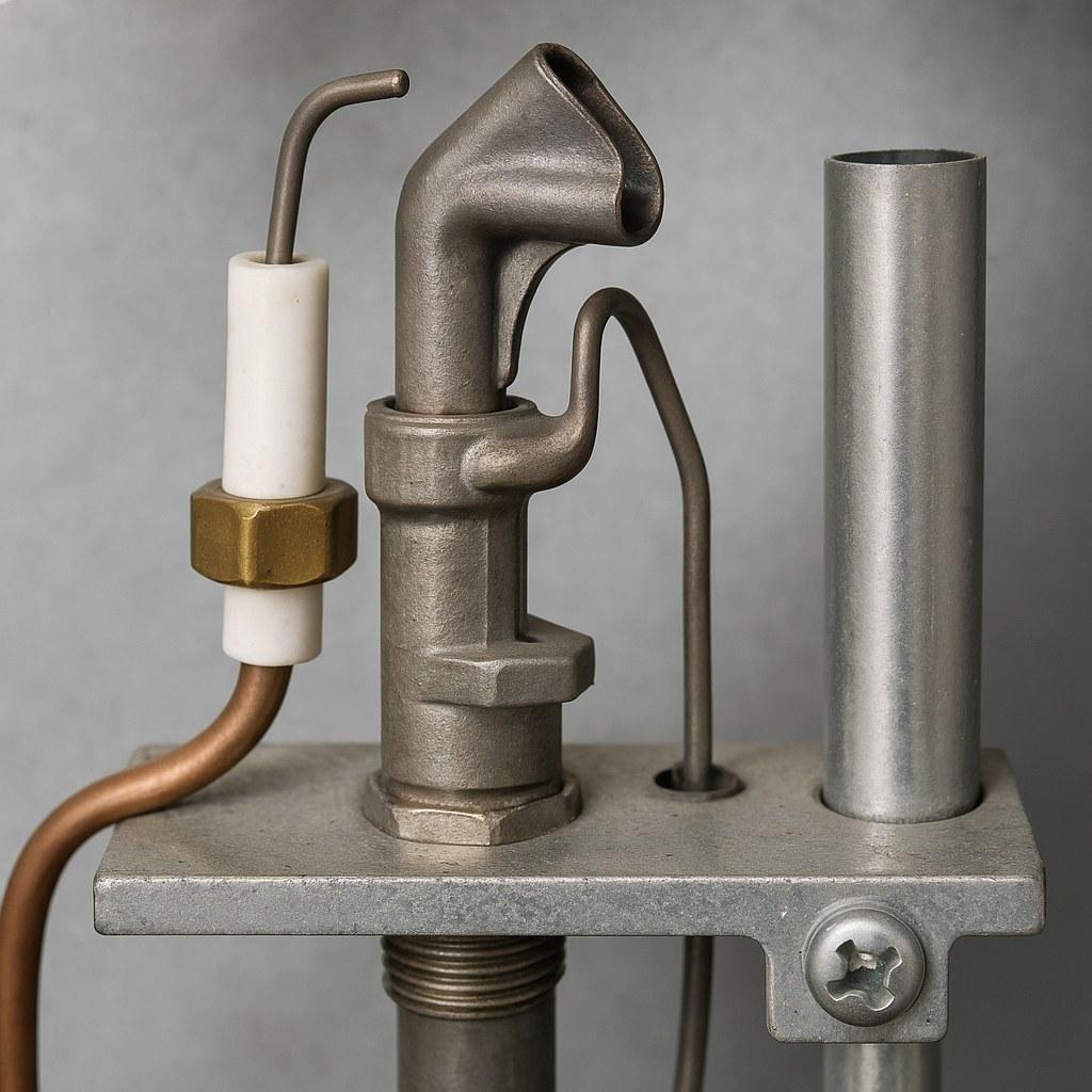 An unlit furnace pilot light and thermocouple assembly inside a furnace.