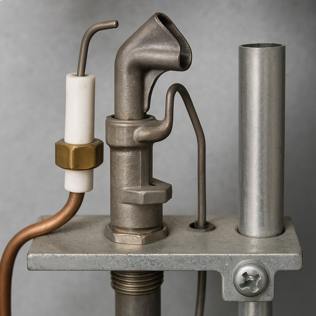 An unlit furnace pilot light and thermocouple assembly inside a furnace.