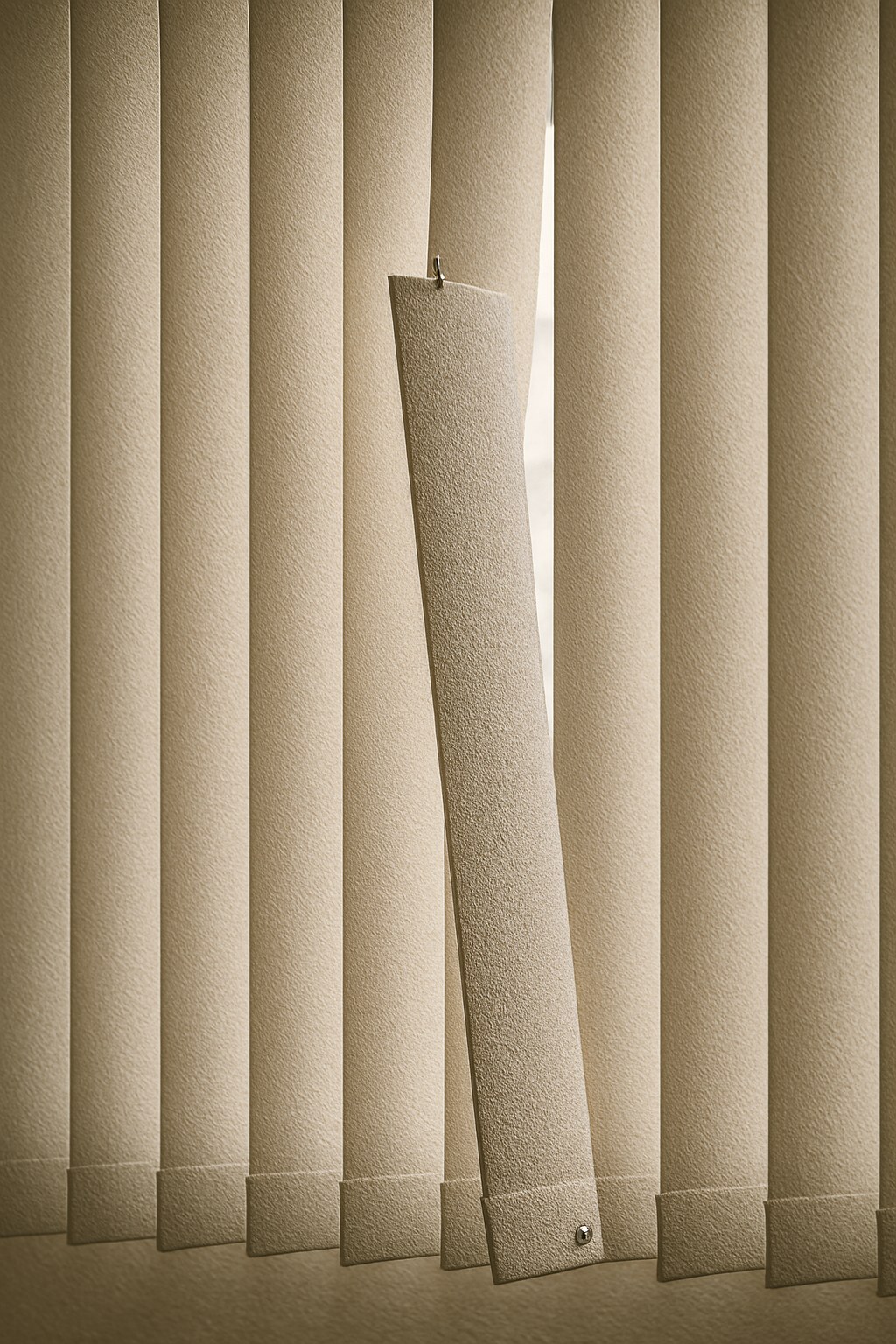A single vertical blind panel hanging off its track.