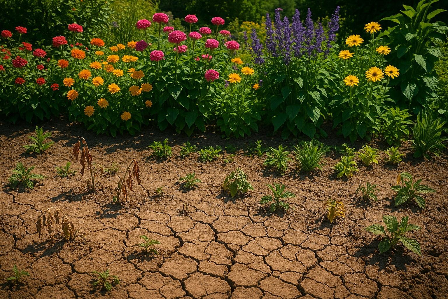 A garden showing signs of underwatering with wilting leaves and dry soil.