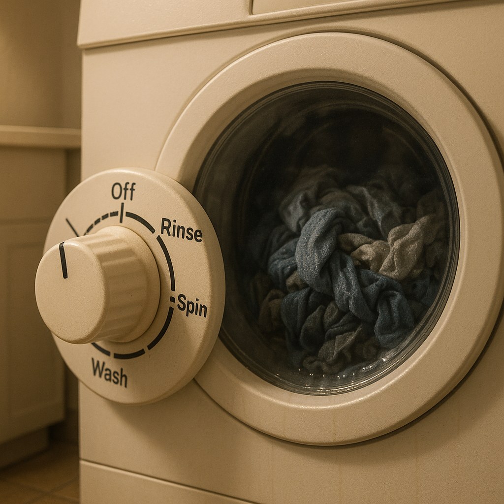 A washing machine timer stuck in the middle of a wash cycle