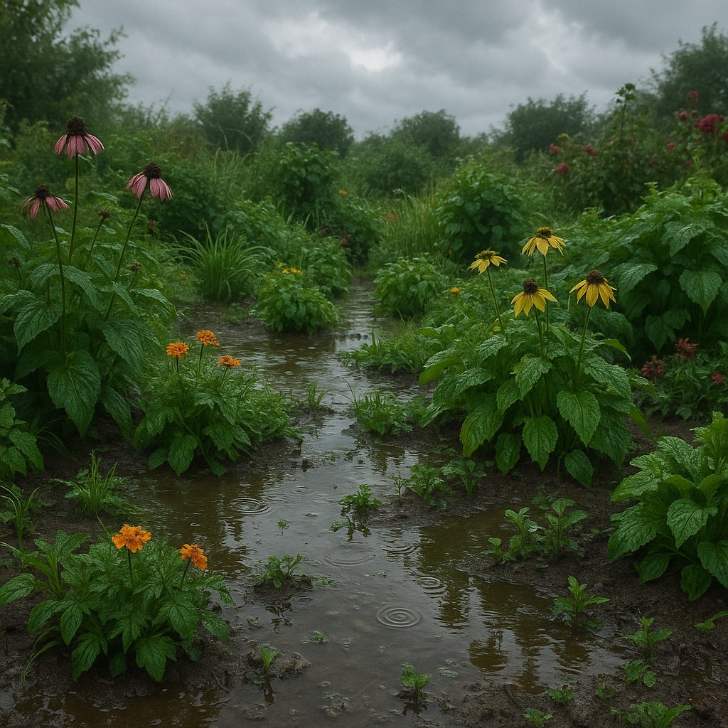 A garden with significant water pooling on the ground