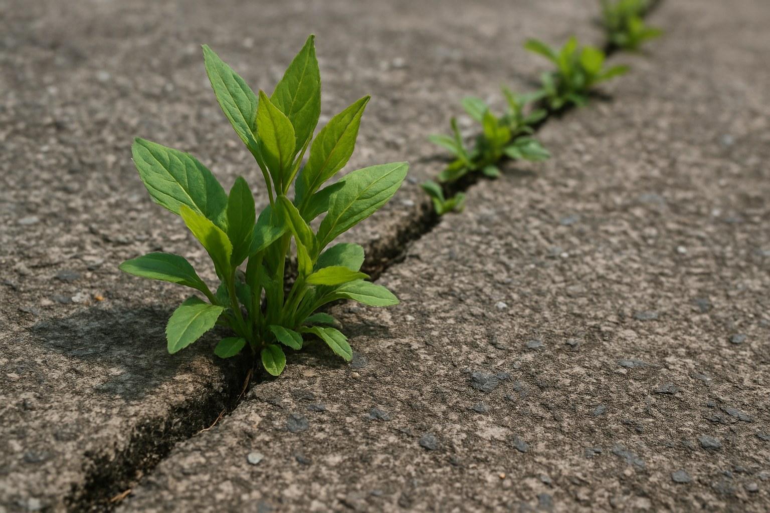 Weeds growing in the cracks of a concrete driveway