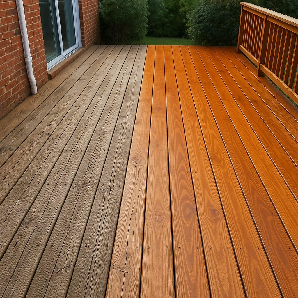 A wooden deck with some boards needing replacement