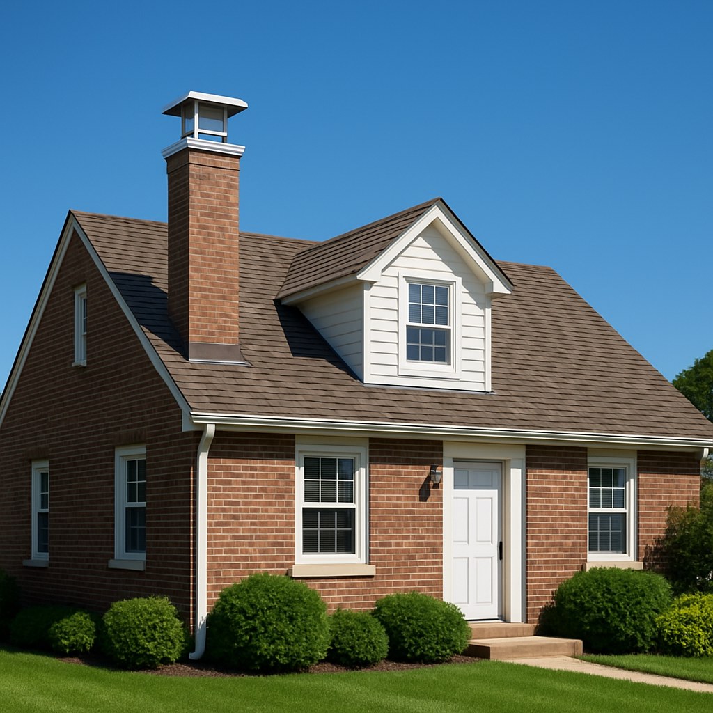 A residential house with a new stainless steel chimney cap installed on a brick chimney.