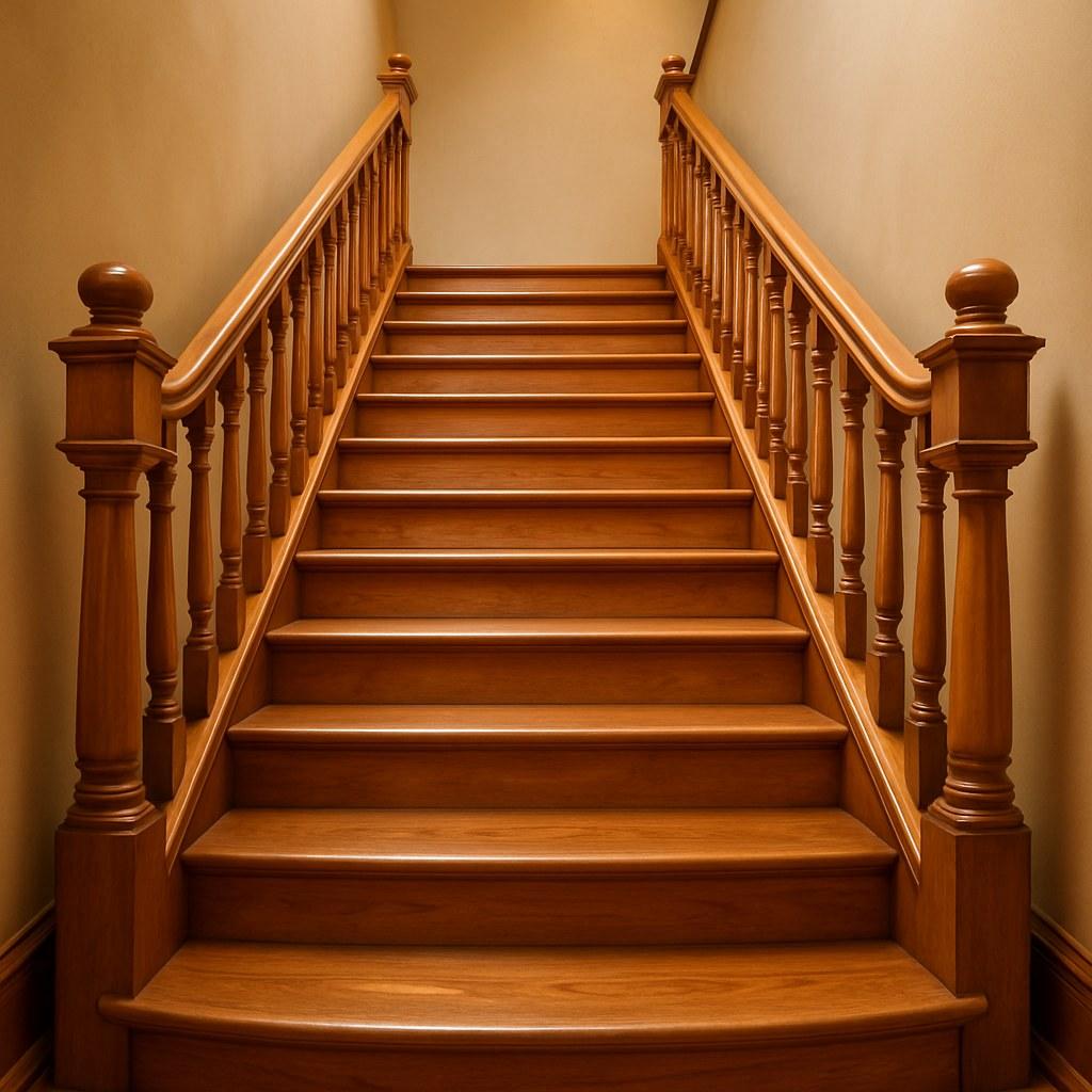 A newly repaired and finished wooden staircase looking safe and solid.