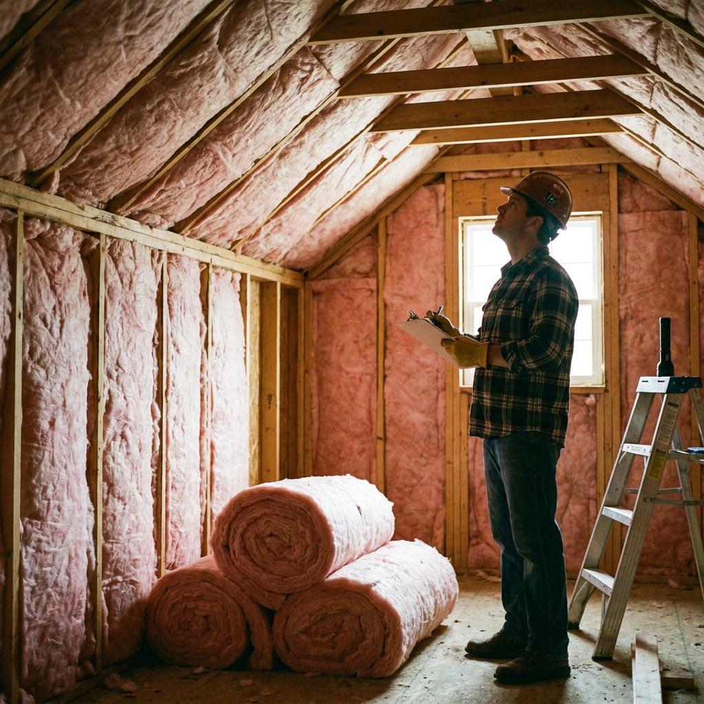 A homeowner looking into an attic space with exposed wood joists and old insulation