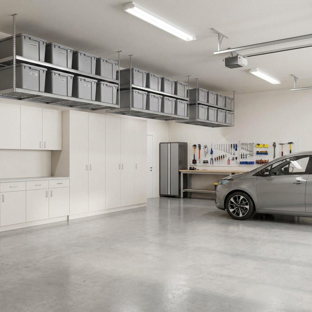 A clean organized garage with finished drywall, bright lighting, and metal storage racks