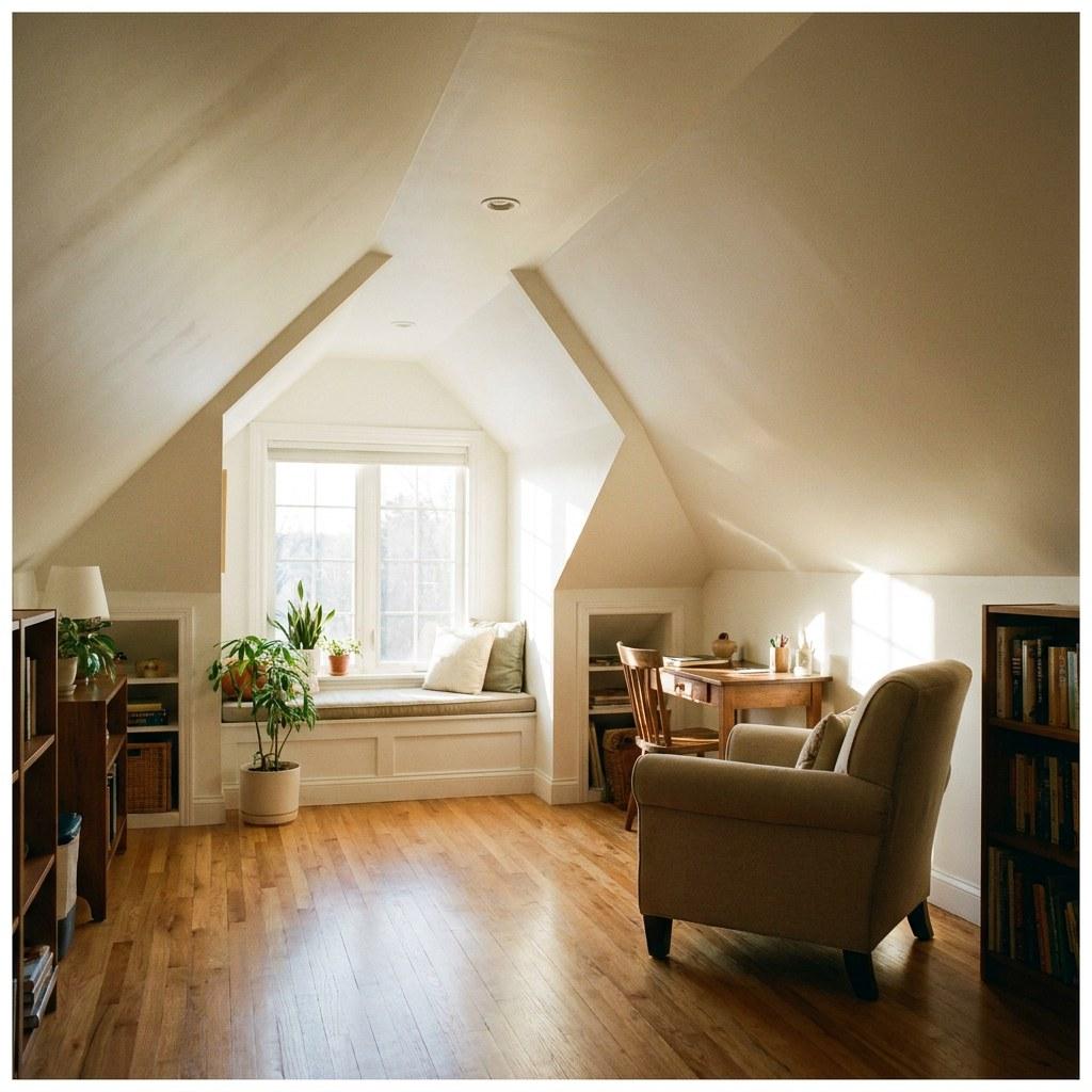 A finished attic bedroom with angled ceilings and wood flooring