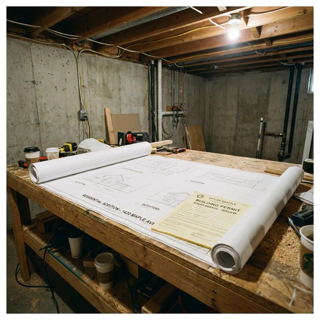 Basement renovation plans and permit paperwork displayed on a workbench